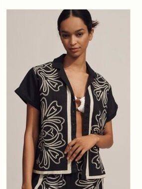 Anthropologie Black Button-Down Short Sleeve Shirt with White Embroidery